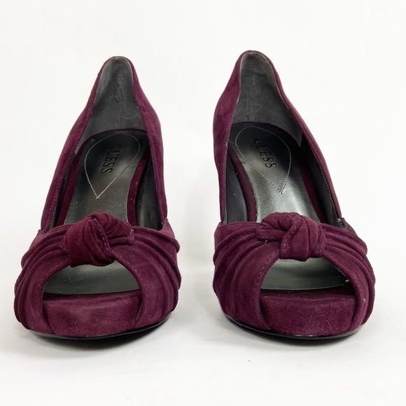 GUESS Leather Suede Wgnelana Gathered Knot Peep Toe Burgundy High Stiletto Heels - Picture 6 of 16